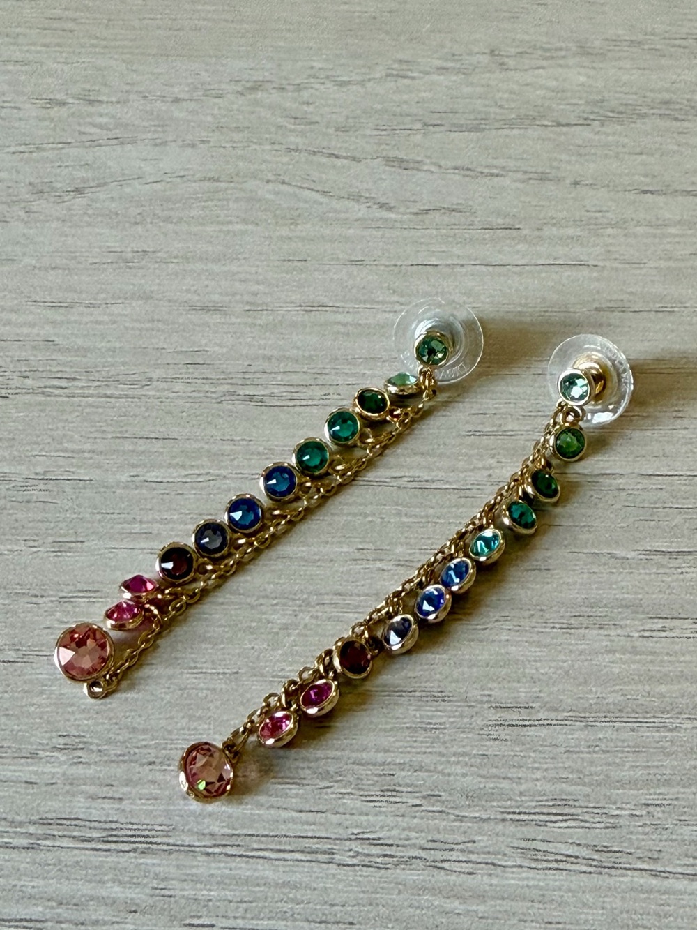 Swarovski - Gold Multicolor Rainbow Crystal Linear Drop Earrings - Picture 3 of 5